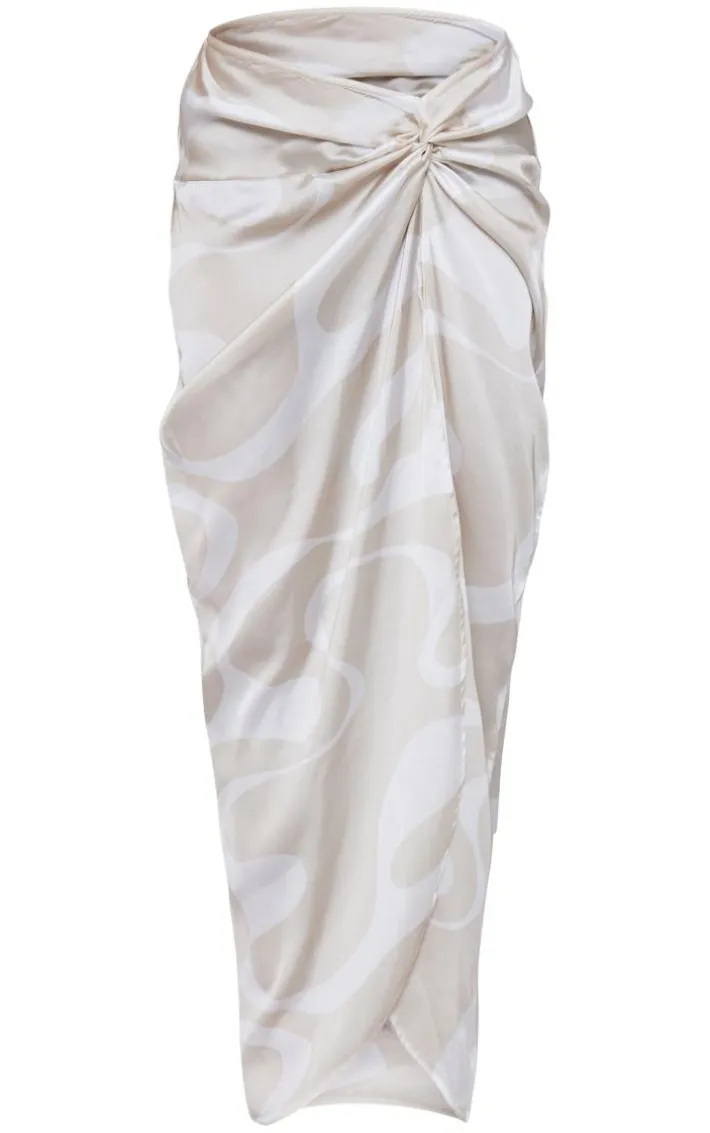 Stone Swirl Print Satin Knot Side Midaxi Skirt