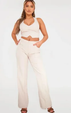 Sale PrettyLittleThing Tailored Contrast Stitching Seam Detail Wide Leg Pants Stone