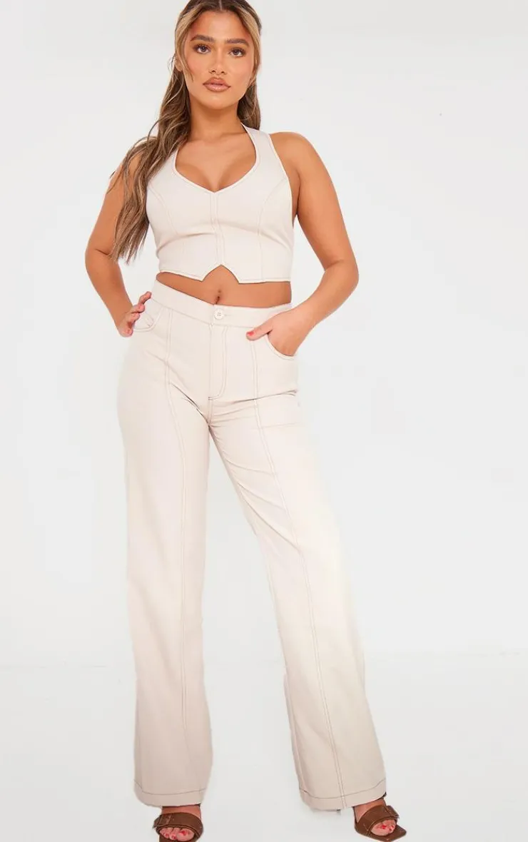 Sale PrettyLittleThing Tailored Contrast Stitching Seam Detail Wide Leg Pants Stone
