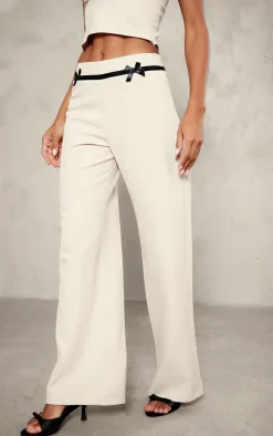 Discount PrettyLittleThing Tailored Woven Bow Detail Low Rise Wide Leg Pants Stone