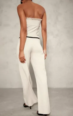 Discount PrettyLittleThing Tailored Woven Bow Detail Low Rise Wide Leg Pants Stone