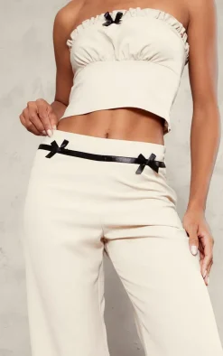 Discount PrettyLittleThing Tailored Woven Bow Detail Low Rise Wide Leg Pants Stone