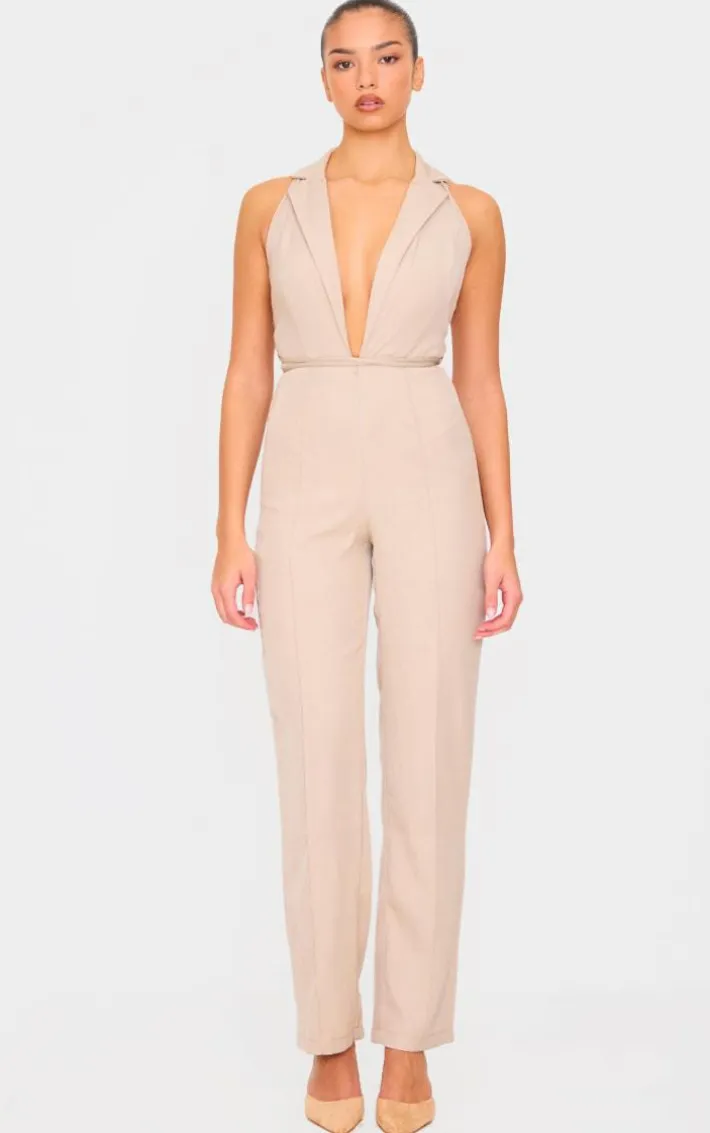Stone Tailored Woven Vest Lace Up Detail Jumpsuit