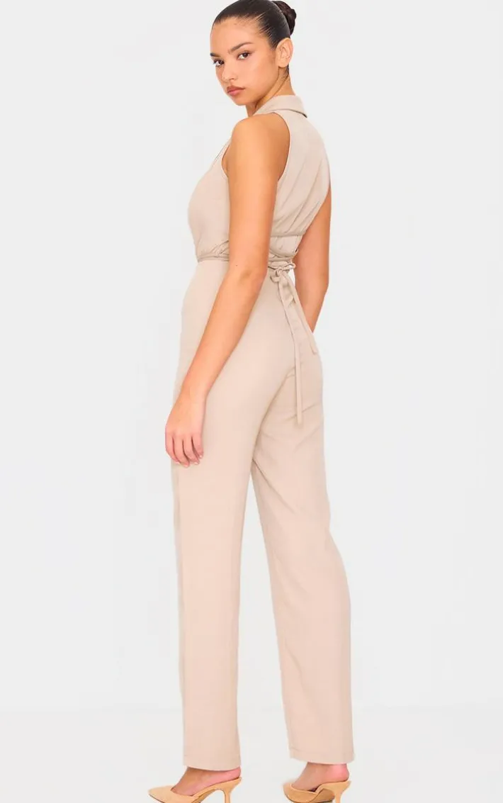 Stone Tailored Woven Vest Lace Up Detail Jumpsuit