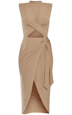 Textured High Neck Cross Waist Wrap Midi Dress-PrettyLittleThing Online