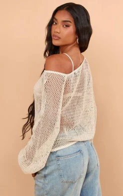 PrettyLittleThing Knitted Tops*Textured Knit Off The Shoulder Long Top