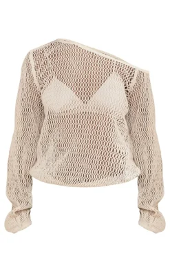 PrettyLittleThing Knitted Tops*Textured Knit Off The Shoulder Long Top