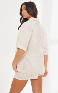 New PrettyLittleThing Textured Linen Look Striped Oversized Short Sleeve Shirt Stone