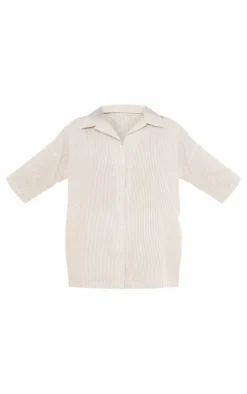 New PrettyLittleThing Textured Linen Look Striped Oversized Short Sleeve Shirt Stone