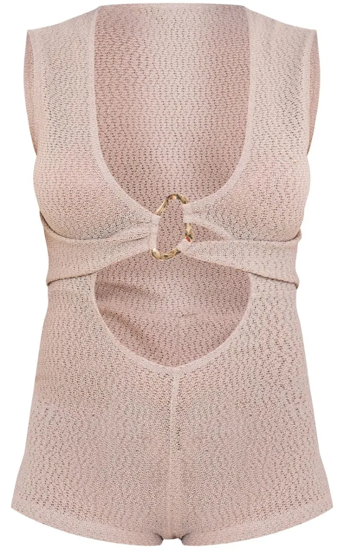 Stone Textured Plunge Trim Detail Romper