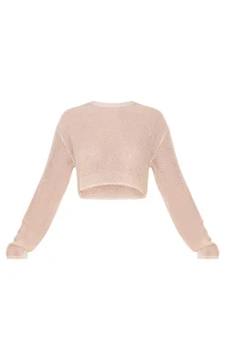 Outlet PrettyLittleThing Textured Sheer Knit Floaty Long Sleeve Crop Top Stone