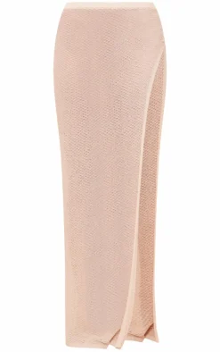 Discount PrettyLittleThing Textured Sheer Knit Ruched Side Maxi Skirt Stone