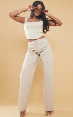 Online PrettyLittleThing Twill Contrast Seam Straight Leg Cargo Pants Stone