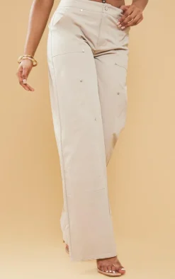 Online PrettyLittleThing Twill Contrast Seam Straight Leg Cargo Pants Stone