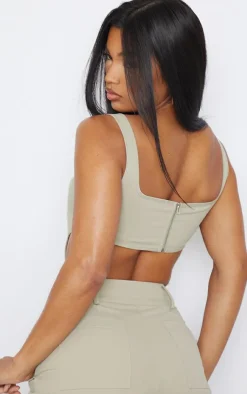 Clearance PrettyLittleThing Twill Dip Hem Structured Cargo Corset Stone