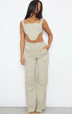 Clearance PrettyLittleThing Twill Dip Hem Structured Cargo Corset Stone