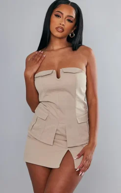 Online PrettyLittleThing Twill Fold Over Longline Cargo Corset Stone