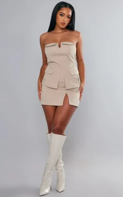 Online PrettyLittleThing Twill Fold Over Longline Cargo Corset Stone
