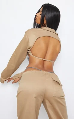 Outlet PrettyLittleThing Twill Open Back Cropped Shirt Stone