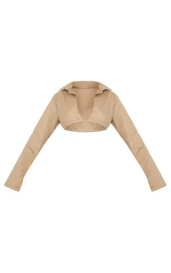 Outlet PrettyLittleThing Twill Open Back Cropped Shirt Stone