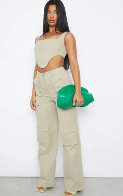 New PrettyLittleThing Twill Pocket Detail High Waist Cargo Pants Stone