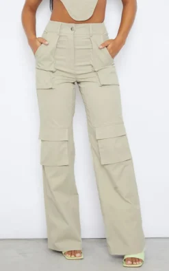 New PrettyLittleThing Twill Pocket Detail High Waist Cargo Pants Stone