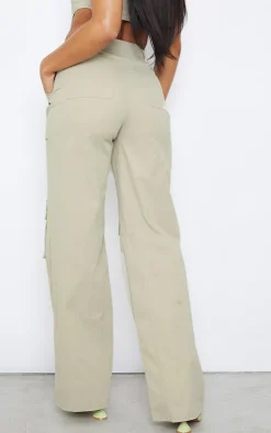 New PrettyLittleThing Twill Pocket Detail High Waist Cargo Pants Stone