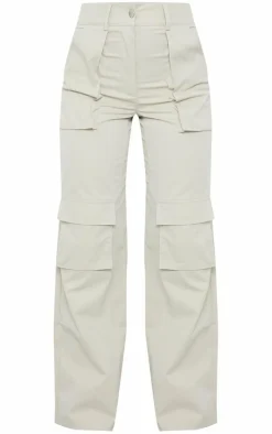 New PrettyLittleThing Twill Pocket Detail High Waist Cargo Pants Stone