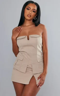 Clearance PrettyLittleThing Twill Split Hem Cargo Mini Skirt Stone