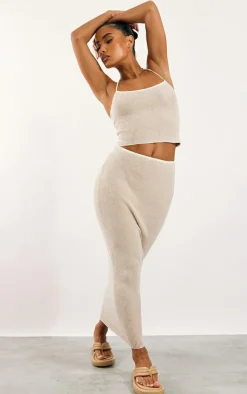 PrettyLittleThing Two Tone Knit Midaxi Skirt Stone