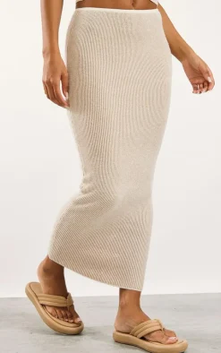 PrettyLittleThing Two Tone Knit Midaxi Skirt Stone