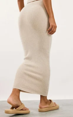 PrettyLittleThing Two Tone Knit Midaxi Skirt Stone