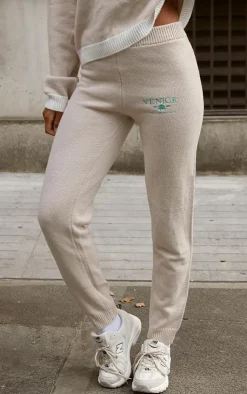 Online PrettyLittleThing Venice Embroidered Knitted Sweatpants Stone