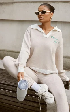 Online PrettyLittleThing Venice Embroidered Knitted Sweatpants Stone