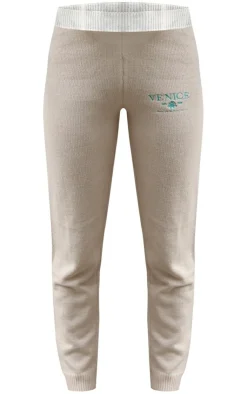 Online PrettyLittleThing Venice Embroidered Knitted Sweatpants Stone