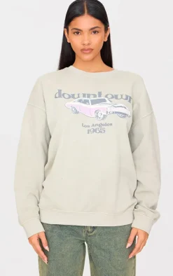 Stone Washed Downtown Car Printed Sweatshirt