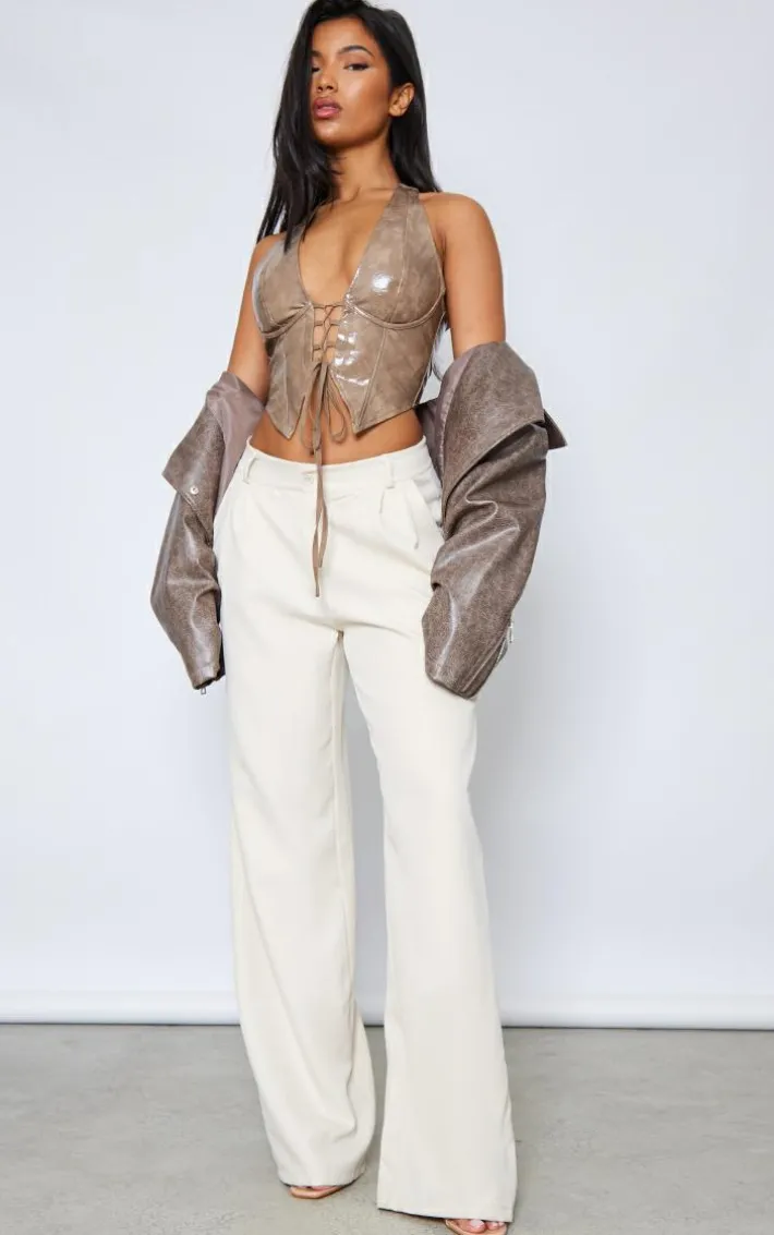 Stone Washed Faux Leather Lace Up Plunge Halter Neck Top