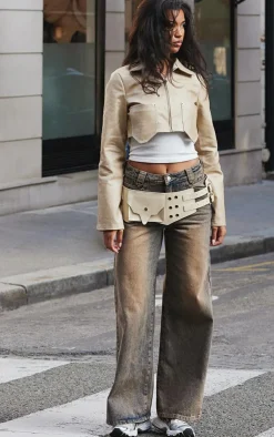 PrettyLittleThing Shirts*Washed Faux Leather Double Pocket Cropped Shirt