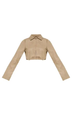 PrettyLittleThing Shirts*Washed Faux Leather Double Pocket Cropped Shirt