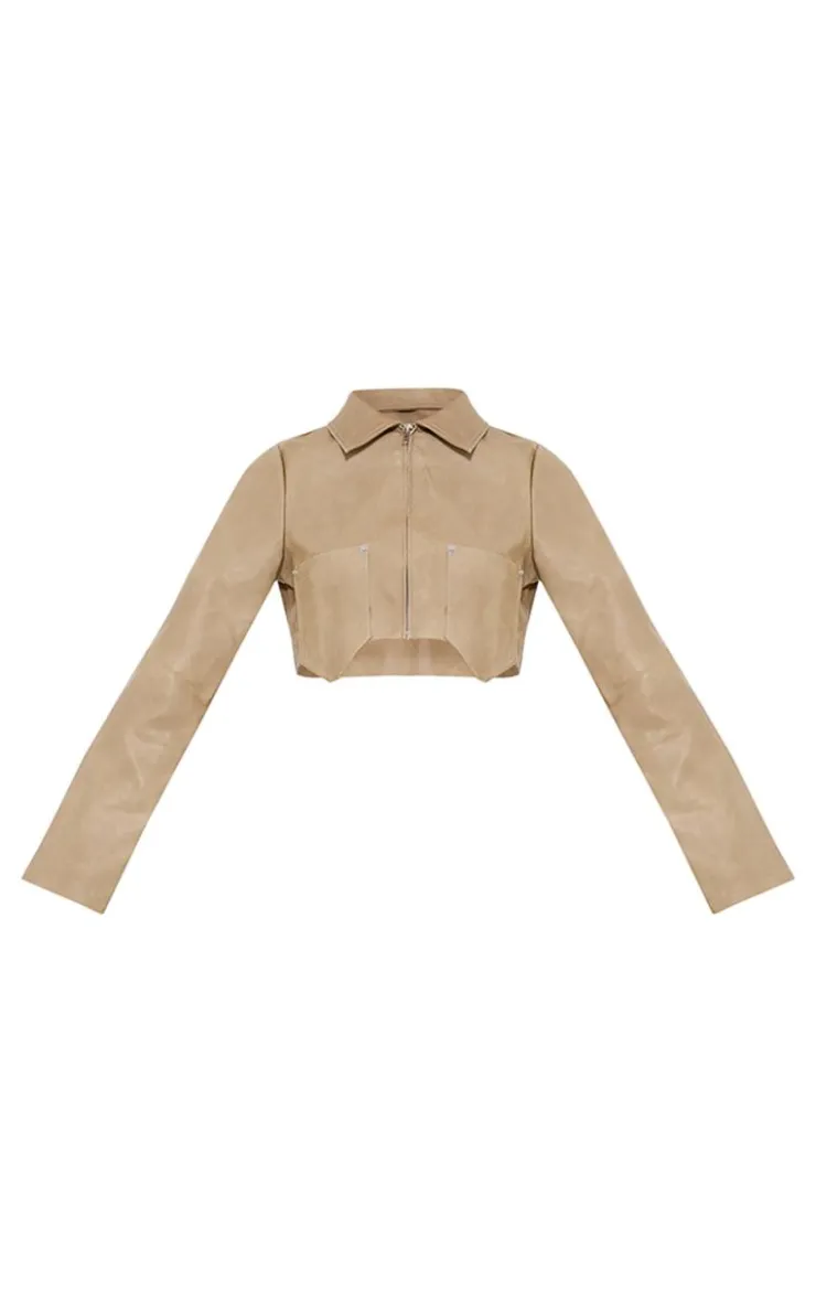 PrettyLittleThing Shirts*Washed Faux Leather Double Pocket Cropped Shirt