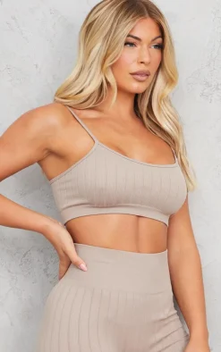 Outlet PrettyLittleThing Wide Structured Rib Scoop Neck Bralet Stone