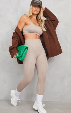 Outlet PrettyLittleThing Wide Structured Rib Scoop Neck Bralet Stone