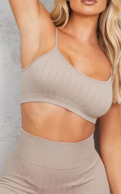 Outlet PrettyLittleThing Wide Structured Rib Scoop Neck Bralet Stone