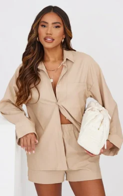 Discount PrettyLittleThing Woven Balloon Sleeve Oversized Shirt Stone