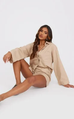 Discount PrettyLittleThing Woven Balloon Sleeve Oversized Shirt Stone