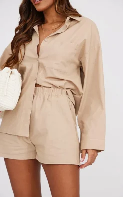 Discount PrettyLittleThing Woven Balloon Sleeve Oversized Shirt Stone
