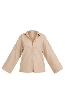 Discount PrettyLittleThing Woven Balloon Sleeve Oversized Shirt Stone