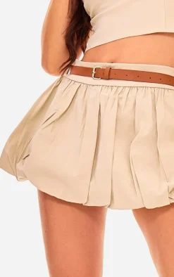 New PrettyLittleThing Woven Belted Puff Ball Skirt Stone