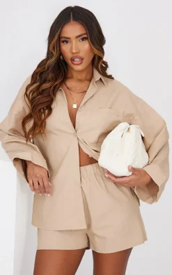 Discount PrettyLittleThing Woven Elastic Waist Floaty Shorts Stone