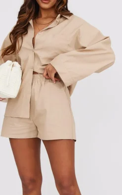 Discount PrettyLittleThing Woven Elastic Waist Floaty Shorts Stone